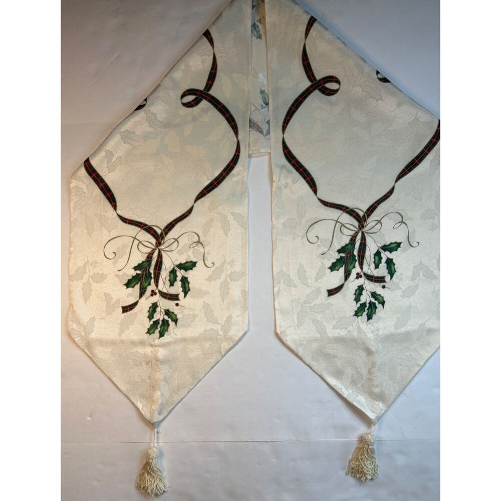 Lenox Holiday Nouveau Ivory Table Runner Ribbon Holly Berry 68x13 1/2